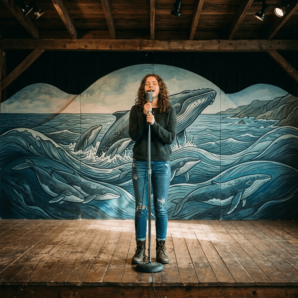 Young woman singing into microphone on wooden stage with Painted backdrop